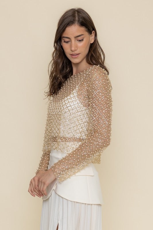 Pearl Embellished Shimmering Mesh Top