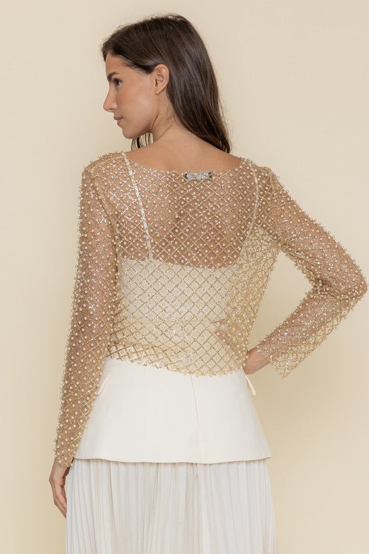 Pearl Embellished Shimmering Mesh Top