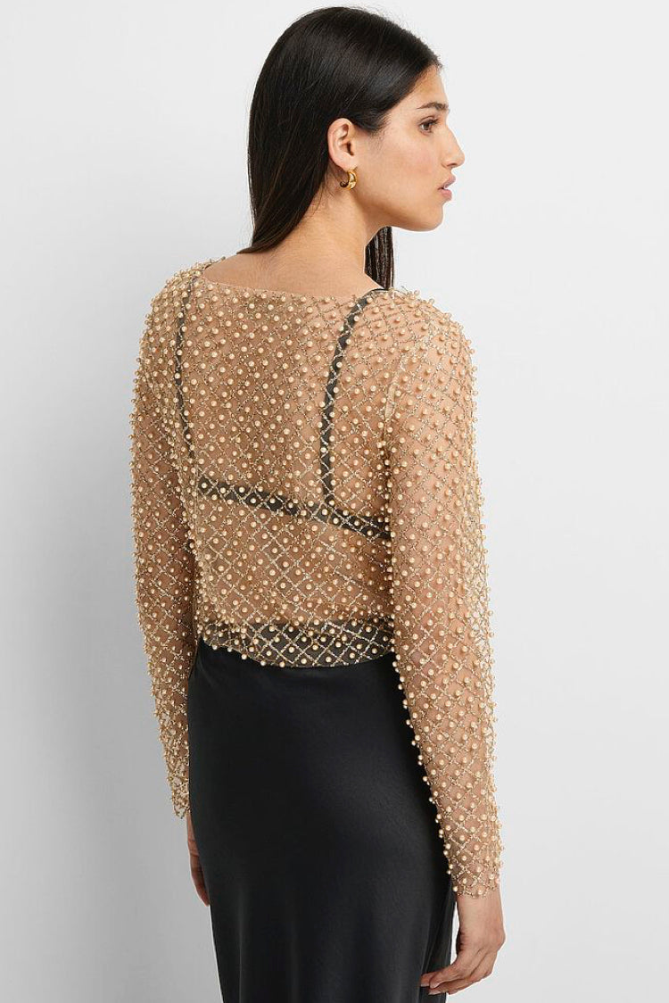 Pearl Embellished Shimmering Mesh Top