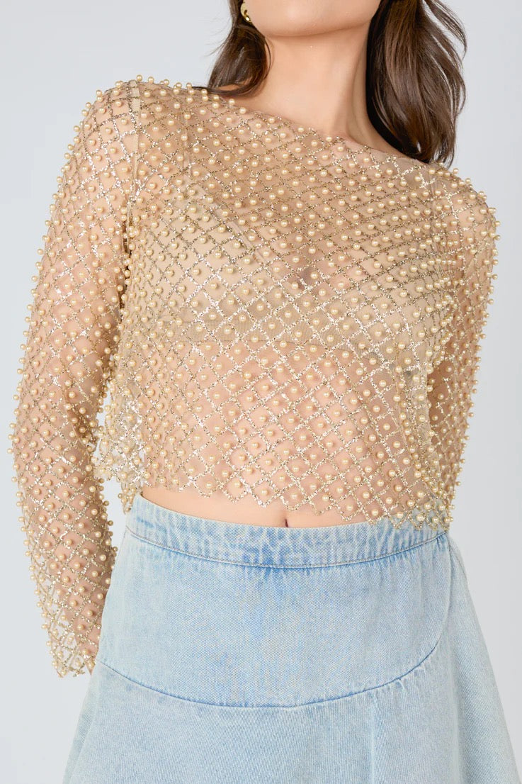 Pearl Embellished Shimmering Mesh Top