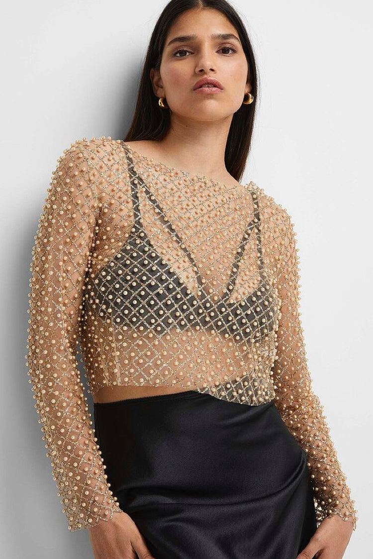 Pearl Embellished Shimmering Mesh Top